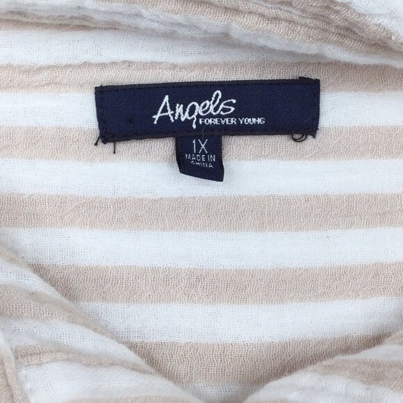 Angels Forever Young Top Womens Size 1X White Beige Striped Muslin Button Down - Picture 7 of 8